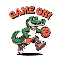 Retro style t shirt design crocodile character playing basketball