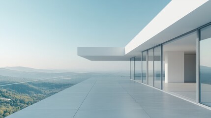Obraz premium Modern, minimalist penthouse terrace overlooking a scenic valley.