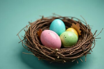 Empty bird nest with speckled Easter eggs, signifying new life and resurrection , purity, renewal, colorful