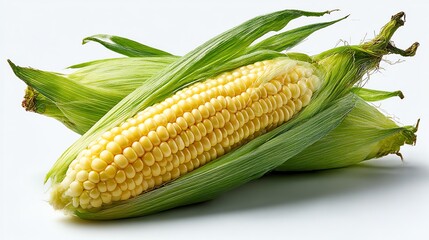 Fresh sweet corn with partially peeled husks on a white background. Perfect for healthy food, agriculture, and cooking themes. High-quality, natural, and vibrant.