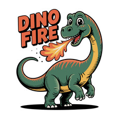 Retro style t shirt design green dinosaur breathing fire with the words dinofire