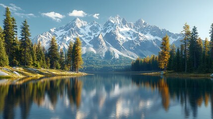 Serene mountain landscape with a crystal clear lake reflecting snow capped peaks