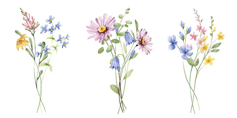 Set watercolor flowers painting, floral vintage bouquets illustrations with wildflowers and leaves. Decoration for poster, greeting card, birthday, wedding design. Isolated on white background.