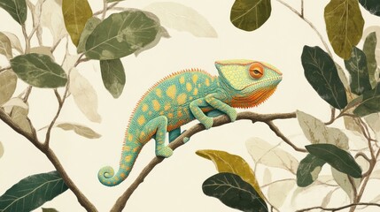 Chameleon on branch amidst foliage