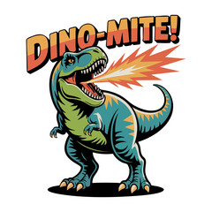 Retro style t shirt design green dinosaur breathing fire with the words dinomite.