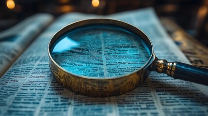 Magnified Words in Old Newspaper Through Glass High Resolution Picture