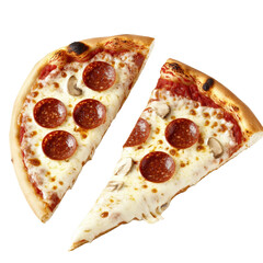 Two delicious slices of pizza topped with fresh ingredients and melting cheese on a wooden board for a perfect meal experience isolated on transparent background..