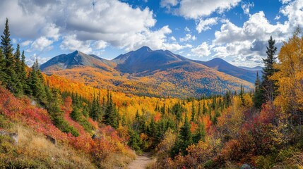A sweeping panorama of an autumnal mountain forest, with winding trails and vibrant fall foliage leading toward the towering peaks.
