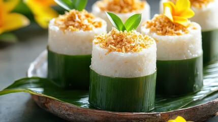 Delicious vegan Thai coconut dessert served in banana leaves, topped with crunchy coconut flakes and garnished with flowers