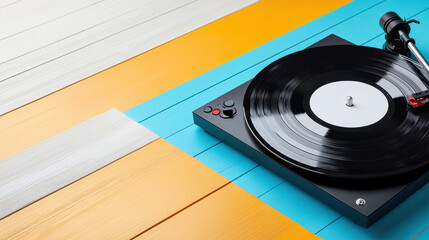 Fototapeta premium Stylish turntable with black vinyl record is placed vibrant, colorful wooden surface featuring shades of orange, blue, and white. image evokes