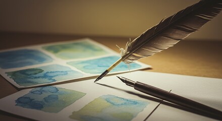 Feather quill and watercolor painting on paper