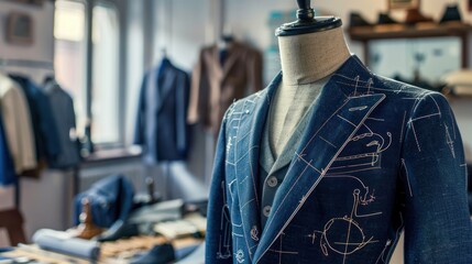 Fototapeta premium Tailored suit on mannequin in atelier