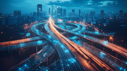 Obraz premium Aerial View of Illuminated City Highway at Night