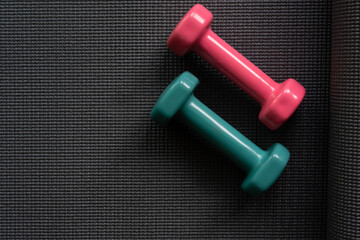close up dumbbell on a yoga mat background, sport and healthy concept