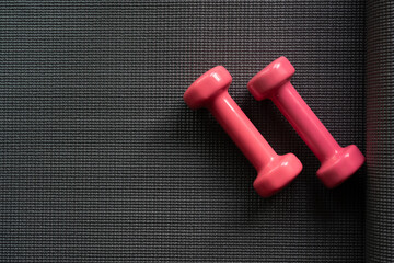 close up dumbbell on a yoga mat background, sport and healthy concept
