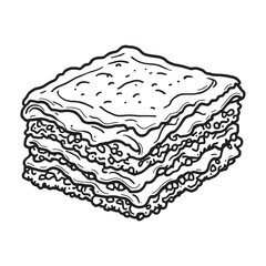 Piece of baked lasagna with minced meat and cheese line art