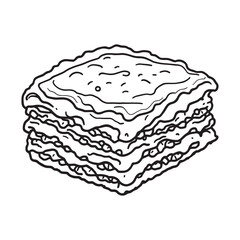 Piece of baked lasagna with minced meat and cheese line art