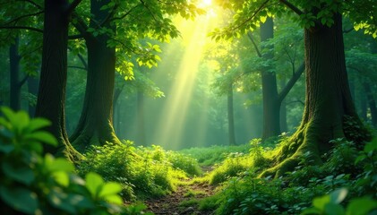 Lush forest green foliage, sunlight dappling through leaves , canopy, park, growth