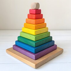 "Colorful wooden pyramid toy with rainbow stacked layers on a square base."

