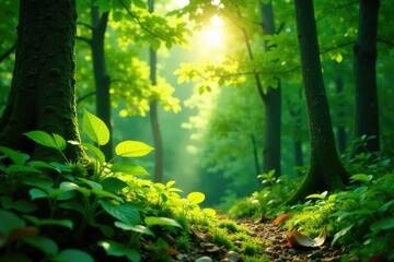 Fototapeta premium Lush green forest background, sun dappled through leaves , close-up, branches, high resolution