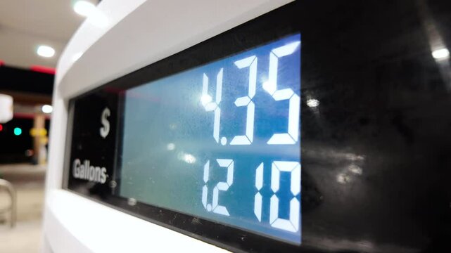 Close up view of Petrol station with running numbers on screen of gas pump. Stabile shot