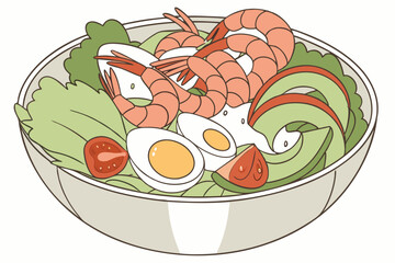 160 shrimp salad bowl, avocado slices, boiled eggs, tomatoes, lettuce leaves, creamy dressing, high definition, delicious, appetizing, mouth-watering