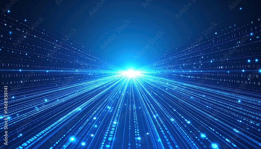 Poster dynamic light rays emitting from a central point digital environment abstract visualization technolo