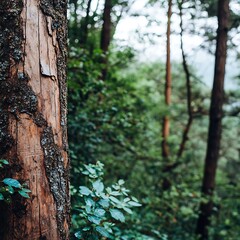 Obraz premium Majestic forest tree bark texture detailed close up shot showcasing nature's beauty and the lush green foliage backdrop