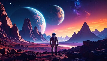 Naklejka premium Exploring alien landscapes outer space digital art surreal environment astronaut viewpoint