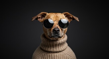 A cool, tan dog with sunglasses and a turtleneck sweater poses against a dark, moody backdrop.