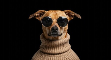 Stylish dog portrait featuring round sunglasses and beige turtleneck sweater on a black backdrop.