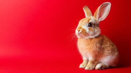 Obraz premium A small, fluffy, light-brown bunny against a vibrant red backdrop.