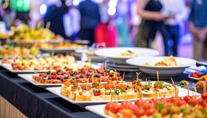 Culinary showcase event featuring exquisite canapes elegant venue food photography luxurious atmosphere eye-level perspective