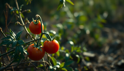 Three Fresh Red Tomatoes Growing on Vine in Garden Sunlight