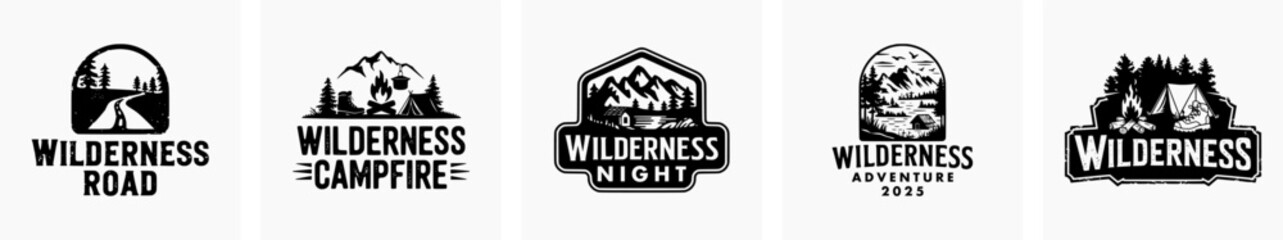 Obraz premium Set of adventure retro vintage vector logo, hiking logo, badge logo, wild nature logo.