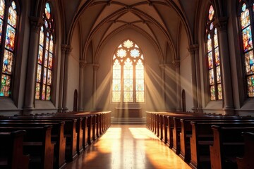 Fototapeta premium Serene church interior, sunlight streaming through stained glass windows , spirituality, worship, prayer