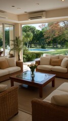 Obraz premium Elegant Living Room with Garden View Wicker Furniture Glass Coffee Table Modern Architecture Indoor Outdoor Living