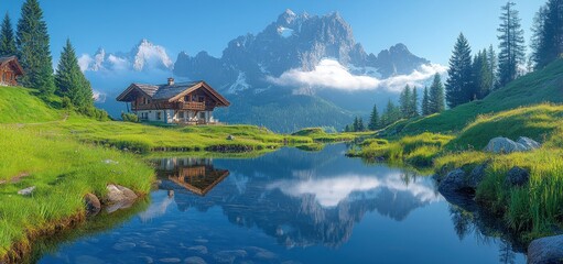 Fototapeta premium Serene Mountain Lake Cabin Reflection: A Picturesque Alpine Paradise