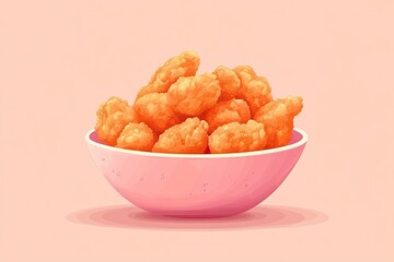 Chicken popcorn bites overflowing in a pink bowl on a soft pink background.