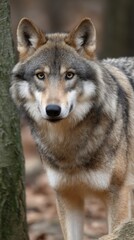 Fototapeta premium Portrait of a Wild Grey Wolf Facing Forward with Alert Expression in Natural Habitat