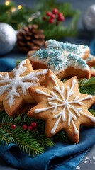Star Shaped Christmas Cookies Decorated with Icing on Holiday Fir Tree Branches