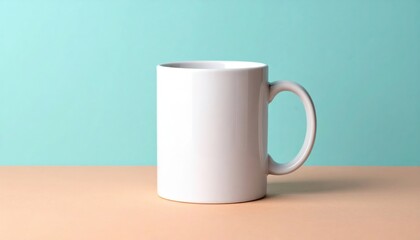 Creative white mug display on wooden table against turquoise background product photography minimalist style