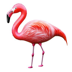 Obraz premium Vibrant pink flamingo standing gracefully in shallow water surrounded by lush greenery and beautiful reflections isolated on transparent background..