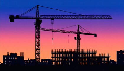 Construction activity at sunset urban landscape image of crane operations city environment silhouette view building development concept