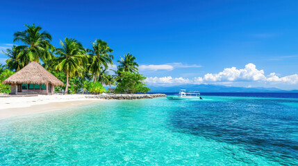 Fototapeta premium Tropical island with beach hut, clear turquoise water, and palm trees creates serene paradise