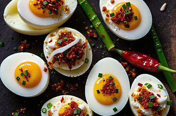 Close-up of vibrant deviled eggs garnished with paprika and herbs