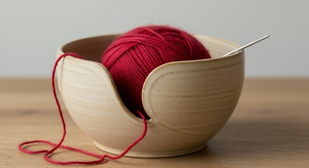 Yarn Bowl with Red Yarn and Crochet Hook