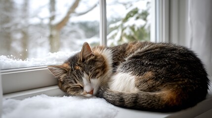 Adorable fluffy cat peacefully sleeping on windowsill with soft snow background outside the window, cozy warm atmosphere enhanced by shallow depth of field and blurred winter scene
