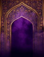 Golden Ornate Archway Purple Backdrop Smoke Mystical India Middle East Architecture Decorative Elegant Royal