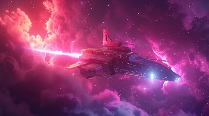 Fototapeta premium Spaceship Soaring Through Pink Nebula